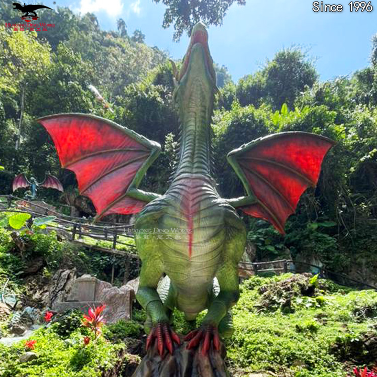 Animatronic Draachestatue – Outdoordekoratioun mat realisteschem brüllendem Toun, blénkegen LED-Aen & wetterfester Silikonhaut fir Gaart/Themenpark