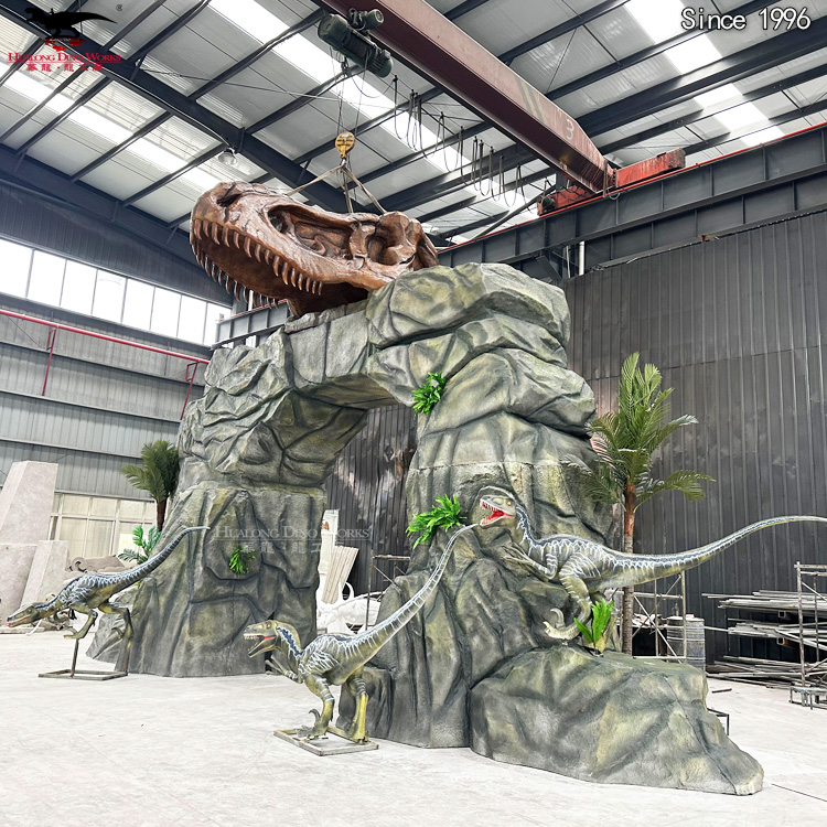 Pintu Dinosaur Gentian Kaca dengan Tengkorak T-Rex Realistik untuk Pintu Masuk Taman Tema, Hiasan Muzium
