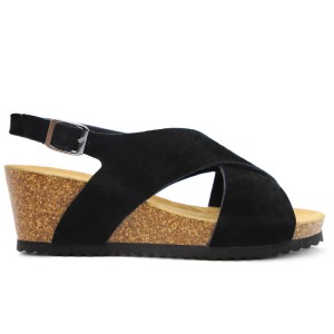 Wholesale Cowsuede Leather Girls Cross Strap Wedge Corked Sandal