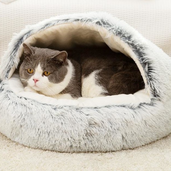 Famous Best Outdoor Cooling Dog Bed Suppliers –  Pet Supplies Distributor Self-Heating Round Semi-Closed Cat Cave Bed With Super Soft Plush For Keeping Warm –  JIMIHAI