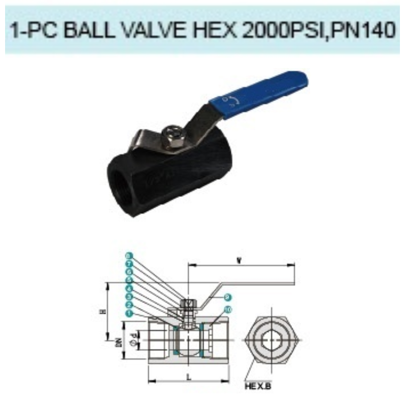 1pc ball valve hex 2000psi PN140