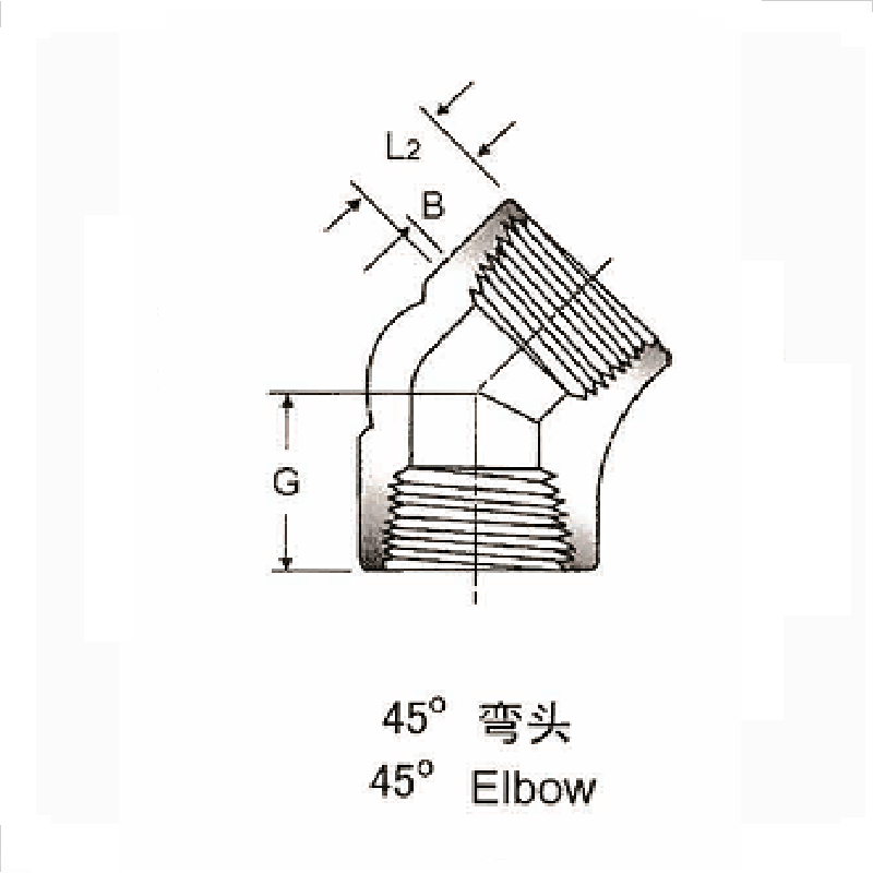 800 threaded elbow 45degree drawing