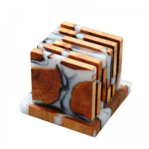 Top Quality Customize Square Round Epoxy Wood Resin Coaster With Holder Set