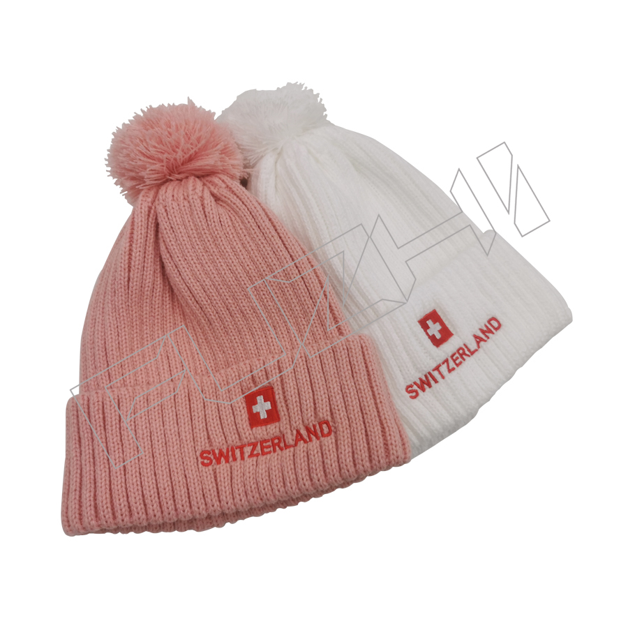 Flat Embroidery Acrylic Knitted Beanie with Pom