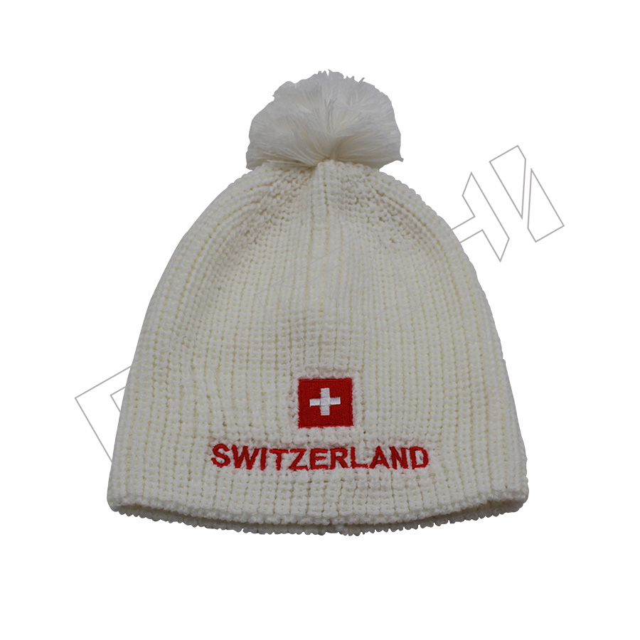 Special knit style beige color knitted beanie with pom