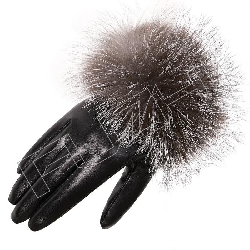 Wholesale Winter Windproof Genuine Sheep Skin Ladies Leather Outdoor Driving Fashion Design Women Real Fox Fur Gloves