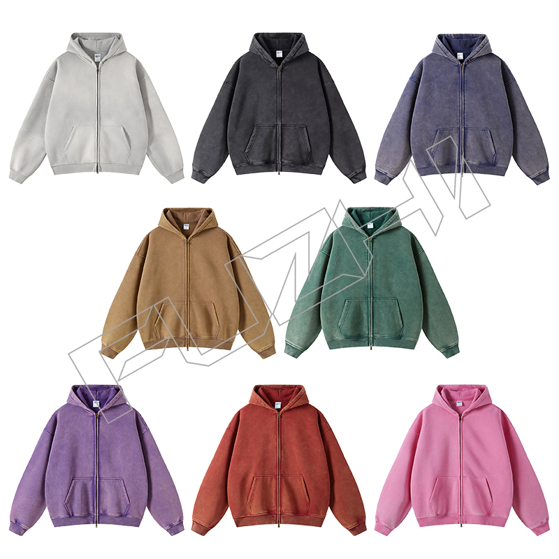 Customize high quality unisex color washed cotton zip hoodie(fleece)