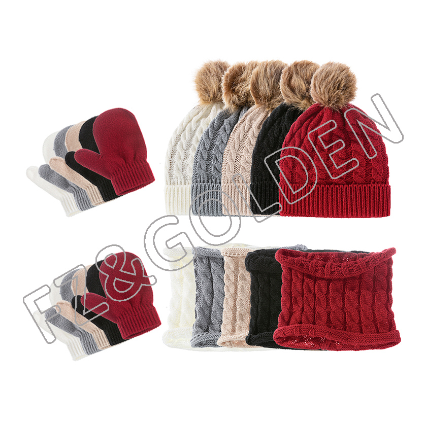 winter custom jacquard knit fleece lined cute beanie hat and scarf and glove set for children