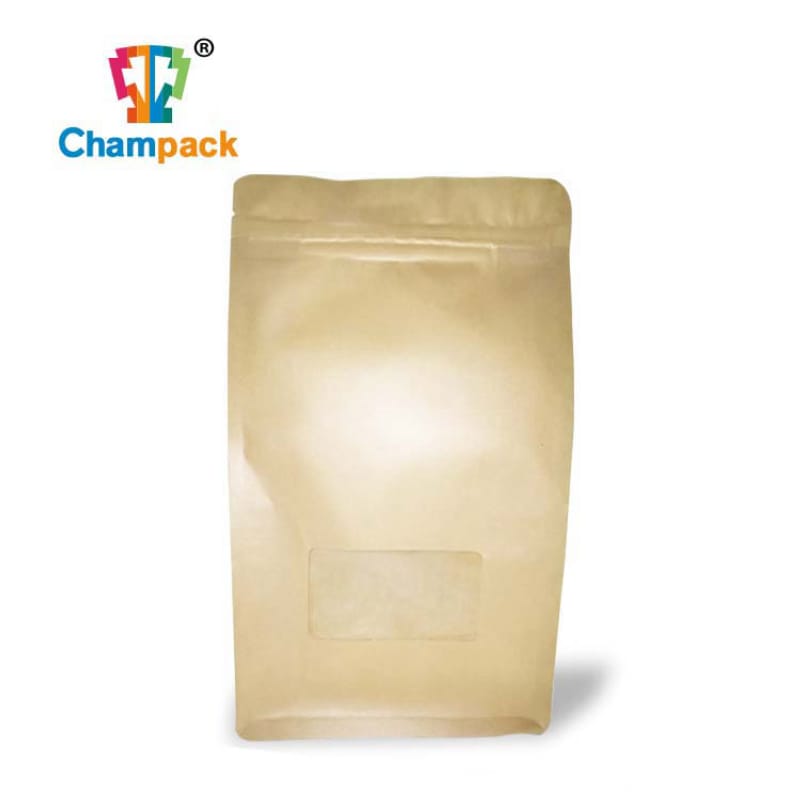 Kraft paper flat bottom standing pouch with window and zipper