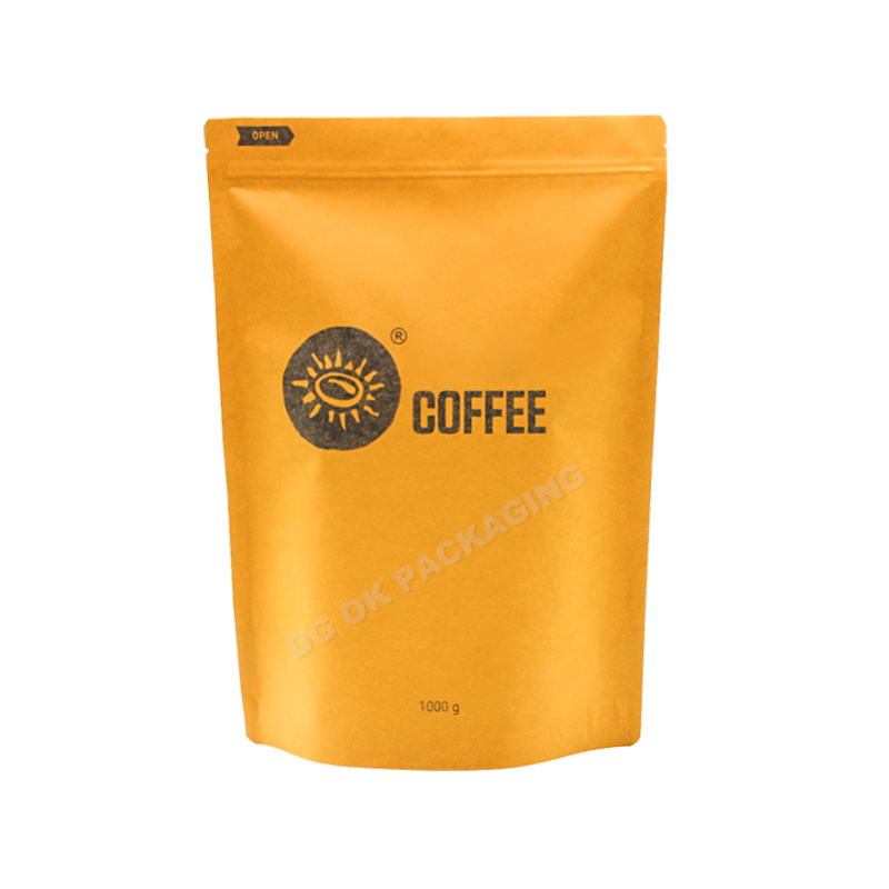 Tilpasset kaffepose Miljøvenlig 1000g stående gul kraftpapir kaffeposer til ventil