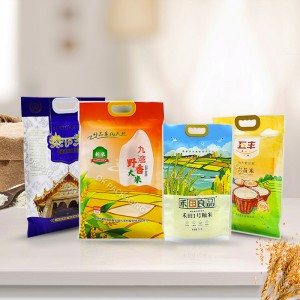 Embalagem de alimentos de plástico com logotipo personalizado sacos de embalagem de arroz stand up pouch/sacos de embalagem de arroz de armazenamento de alta qualidade/saco de arroz Manuseio de superfície de impressão de rotogravura