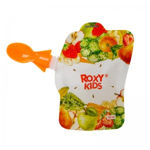 Élelmiszer-minőségű baba-kiegészítő élelmiszer-zacskó, újrafelhasználható etető, kinyomható kifolyós zacskó kanállal