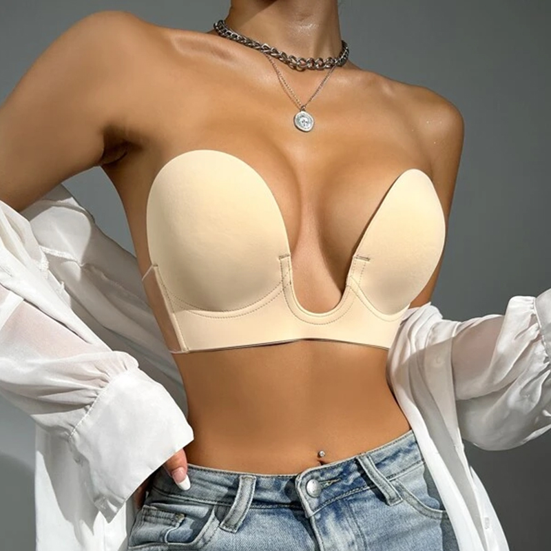 Strapless Bra Backless Push Up Self Adhesive Bra Invisible U Plunge Stick  On Bra Nude Colorc Cup