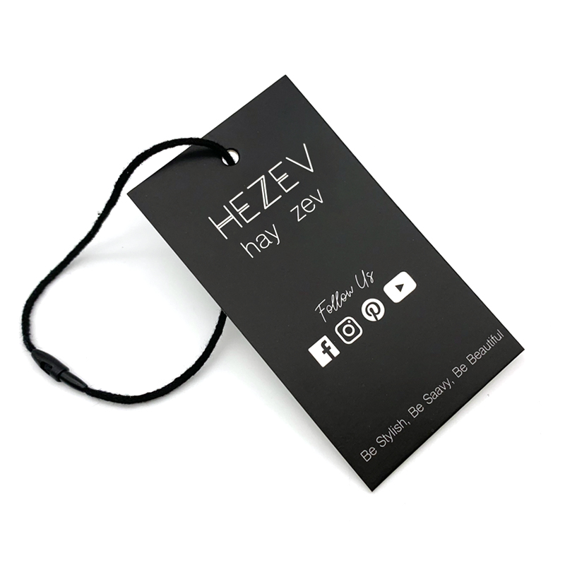 black card  silkscreen print white write up hang tag 