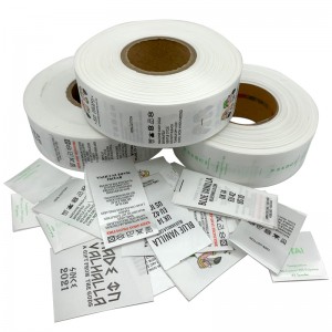 Etiqueta de composición de damasco de etiqueta de cuidado de ropa de satén de alta densidad para ropa