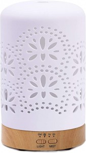White Diffusers for Essential Oils Cool Mist Humidifier for Home Office Bedroom, Wood Base, 120ml, Timer Setting, 7 Color Night Lights and Auto Off, BPA-Free, （Flower）