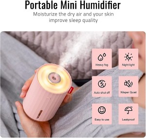 280ml Mini Humidifier for Office, Personal Humidifiers for Small Room, with Night Light, 2 Mist Modes, Whisper-Quiet, for BedroomOffice Car, Women Baby Kids -Pink
