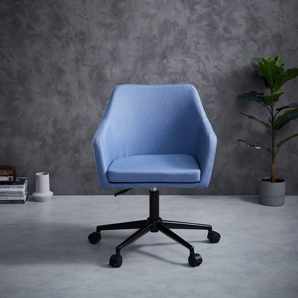 Modern luxury nordic blue fabric back home office chair black metal legs with wheels