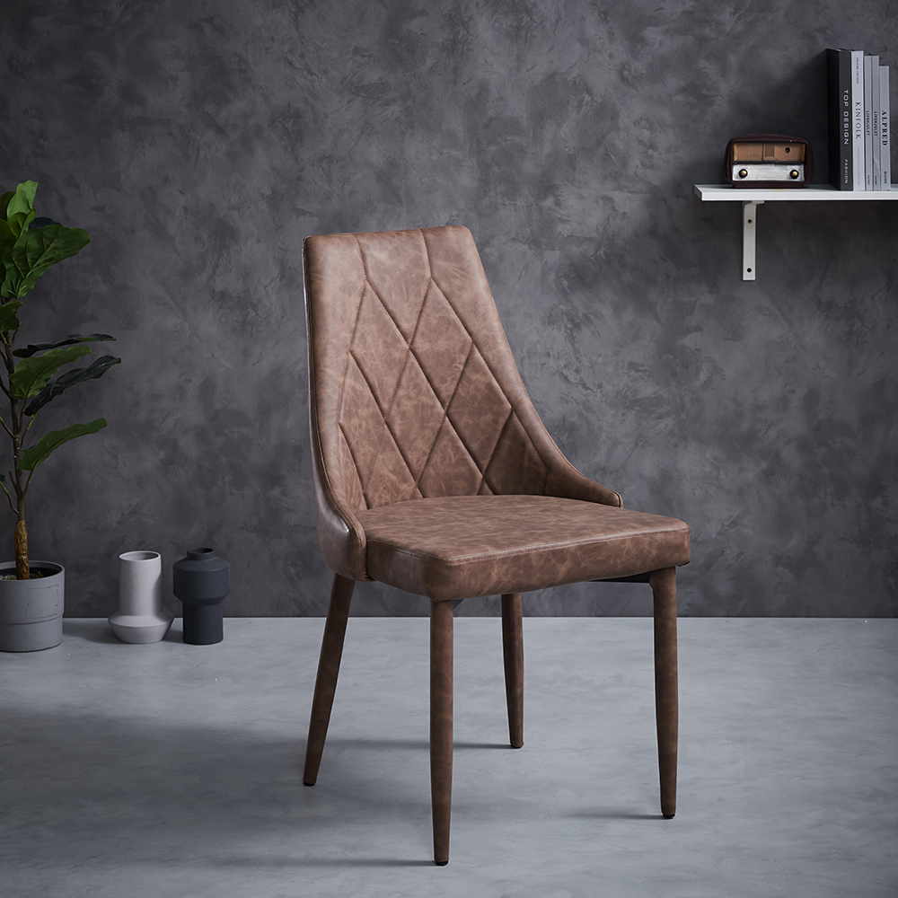 European Design Brown PU Leather Industrial Metal Legs Dining Chairs