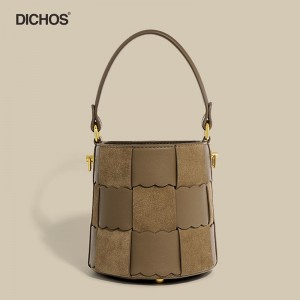 Vintage leather stitching woven bucket bag