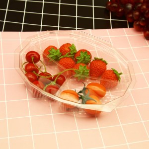 Disposable plastic clear 3 compartments fruit salad container packaging
