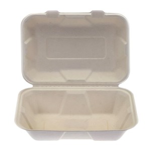 Biodegradable Sugarcane Pulp Food Box Bagasse Clamshell 9X6inch Hinged Container