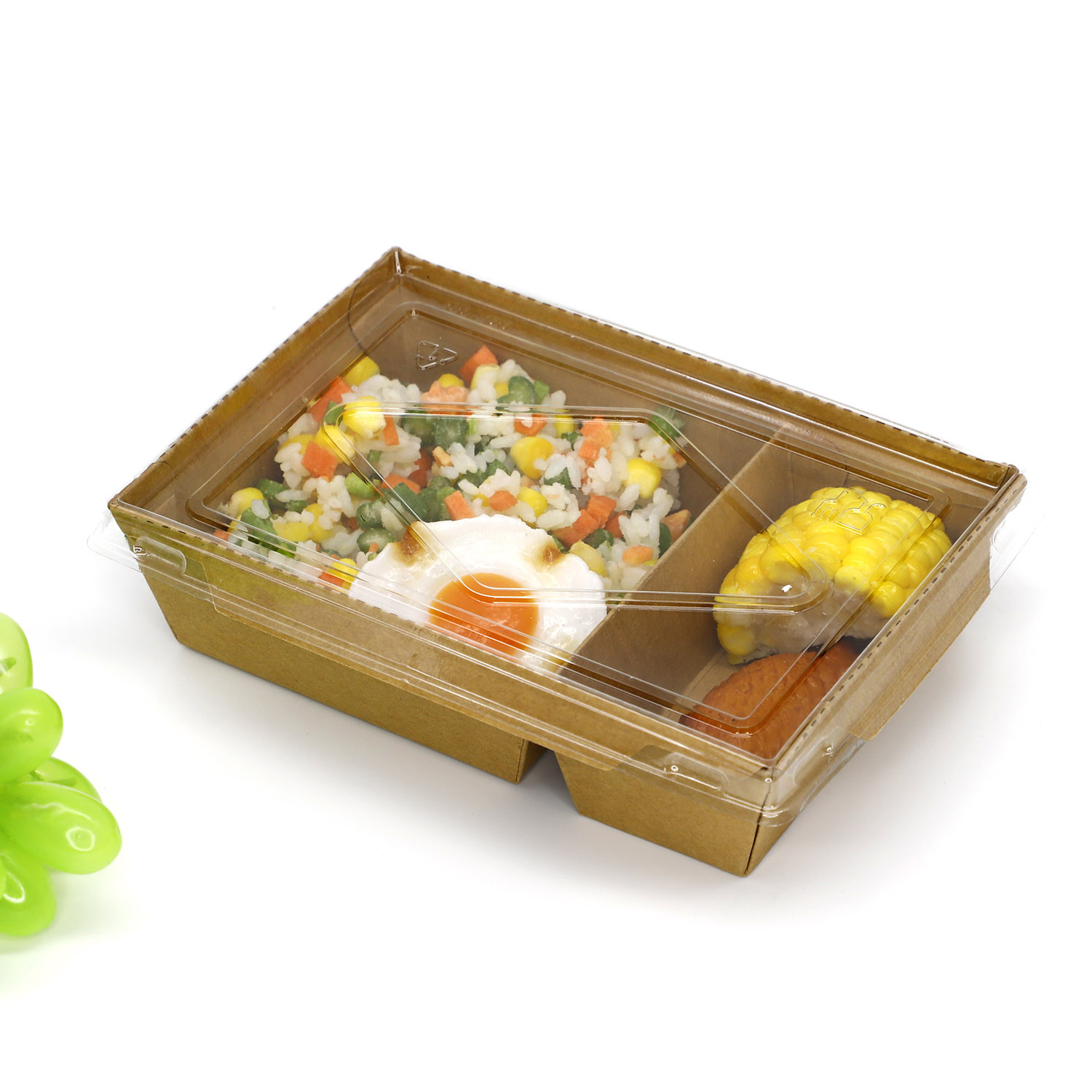 2 compartments Disposable Take Away Kraft Paper Meal Box with clear lid