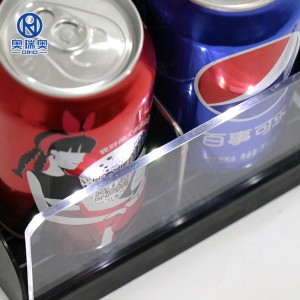 ប្រព័ន្ធធ្នើរដាក់រមូរជាមួយក្តារខាងមុខសម្រាប់ផ្សារទំនើប Automatic Drink Can Displaying Box Pusher system