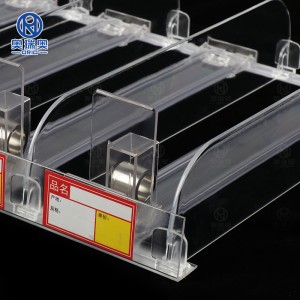 Acrylic shelf pusher system for supermarket display shelf wiht plastic shelf pushing advance automatically