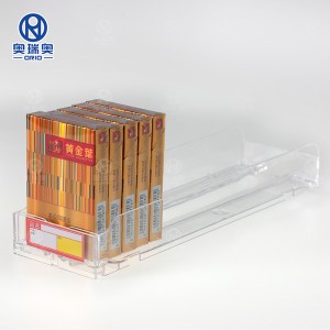 Plastic roller shelf with spring cigarette pack pusher system for supermarket or cigarette with Acrylic divider
