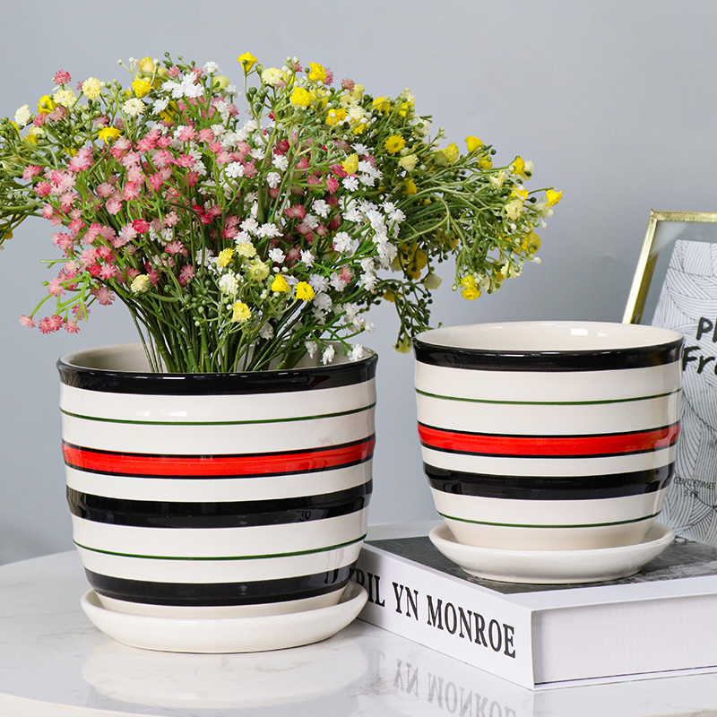 China Ceramic Plant Pots Cheap Indoor Plant Pots Black Red Striped 3 Pieces  Plant Pots manufacturers and suppliers