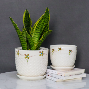 Pot de fleurs en céramique émaillée de conception d'impression florale OEM 3set