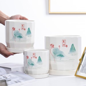 New Chinoiserie Small flower Indoor office Decorative White Ceramic Plant Pots set of 3 with Drainage Hole