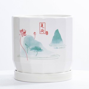 New Chinoiserie Small flower Indoor office Decorative White Ceramic Plant Pots set of 3 with Drainage Hole