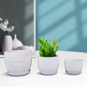 Nordic Style Modern Creative Line Pattern Ceramic Flower Pot Office Home Hotel Green Plant Hole Basin With Tray