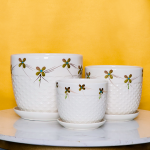Maceta de cerámica esmaltada con diseño de estampado floral OEM 3set