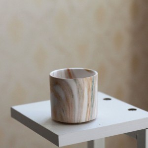 OEM striped white ceramic planter Matte round ceramic planter with wooden tray planter
