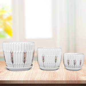 Wholesale Simple Straw Pattern White Ceramic Flower Pot