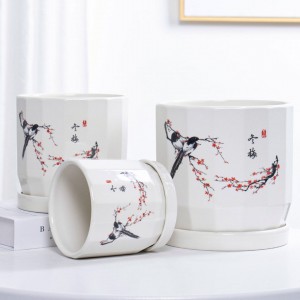 Chinoiserie Glazed Indoor Dekoratif Pot Bunga Pot Tanaman Keramik Putih Kecil Set isi 3