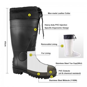 รองเท้าบูทกันฝน PVC เพื่อความปลอดภัยฤดูหนาว CE พร้อมหัวเหล็กและพื้นรองเท้าชั้นกลาง