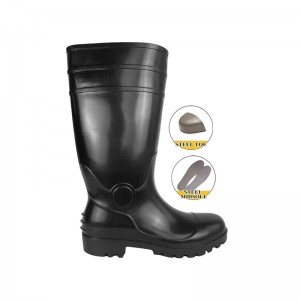 Giày đi mưa an toàn PVC màu đen tiết kiệm với mũi và đế bằng thép
