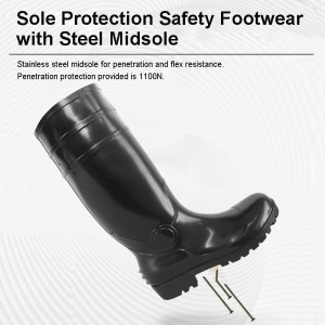 Ekonomy Swarte PVC Safety Rain Boots mei stielen tean en midsole