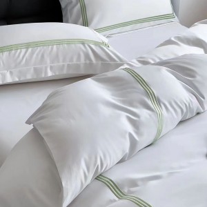 100% Cotton Sateen White 3 Lines Embroidery Bedding Set Sheet Set High Star Hotel Bed Linen