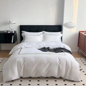 100% Cotton Sateen White 3 Lines Embroidery Bedding Set Sheet Set High Star Hotel Bed Linen