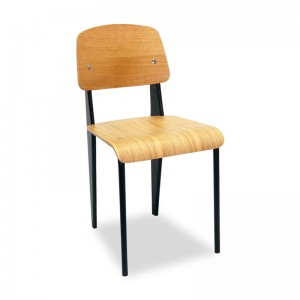 High Quality Modern Wood e nang le Black Iron Metal industrial oak metal dining chair litulo tsa reschorente