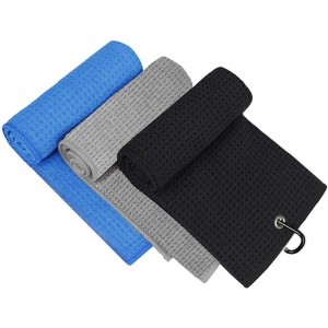Golf Towel Tri-Fold Microfiber Waffle Pattern For Golf Bags With Clip