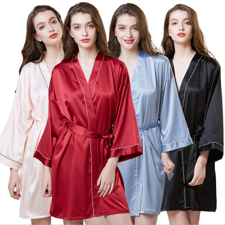 Nightgown Satin Solid Color Bandage Cardigan  Featured Image