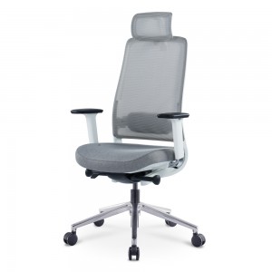 Серый эргономичный офисный стул из сетки с подголовником