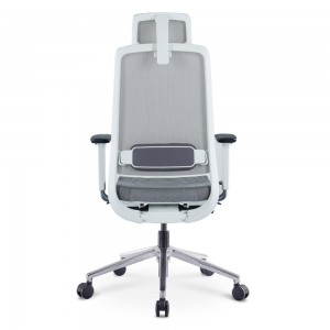 Szare ergonomiczne krzesło biurowe z siateczki z zagłówkiem