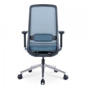 Nowe krzesło biurowe wykonawcze z niebieską siatką i środkowym oparciem